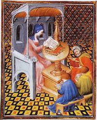 medieval manuscript illustration of a woman lecturing